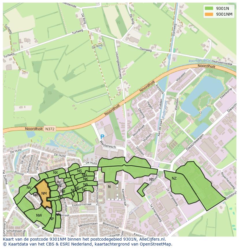 Afbeelding van het postcodegebied 9301 NM op de kaart.