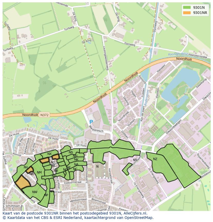 Afbeelding van het postcodegebied 9301 NR op de kaart.