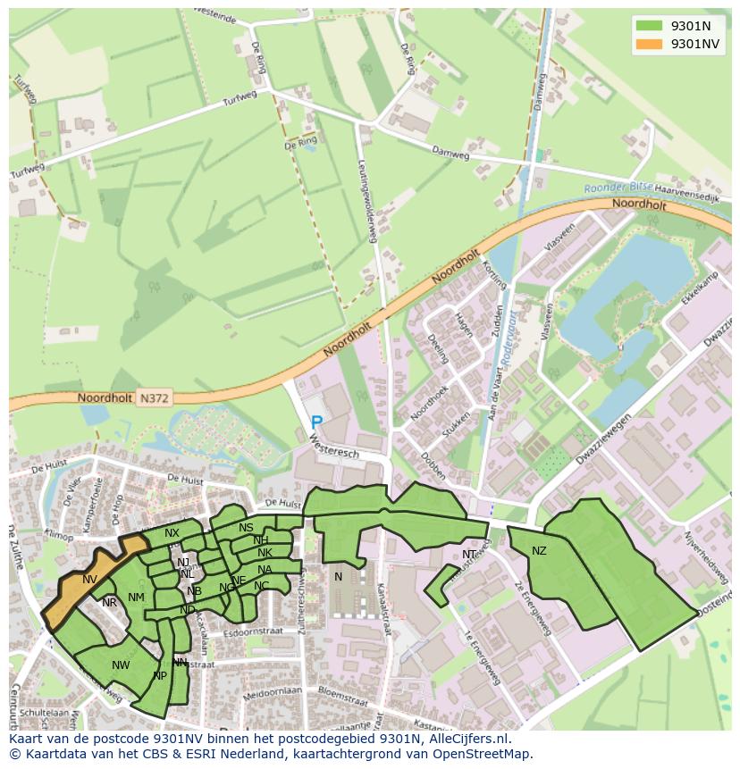 Afbeelding van het postcodegebied 9301 NV op de kaart.