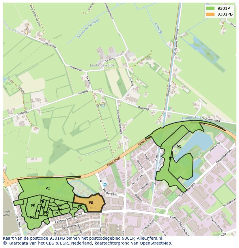 Afbeelding van het postcodegebied 9301 PB op de kaart.