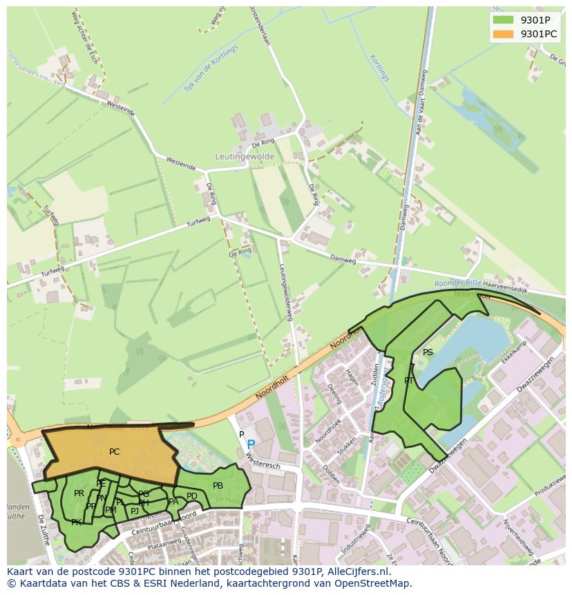 Afbeelding van het postcodegebied 9301 PC op de kaart.
