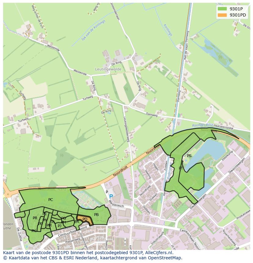 Afbeelding van het postcodegebied 9301 PD op de kaart.