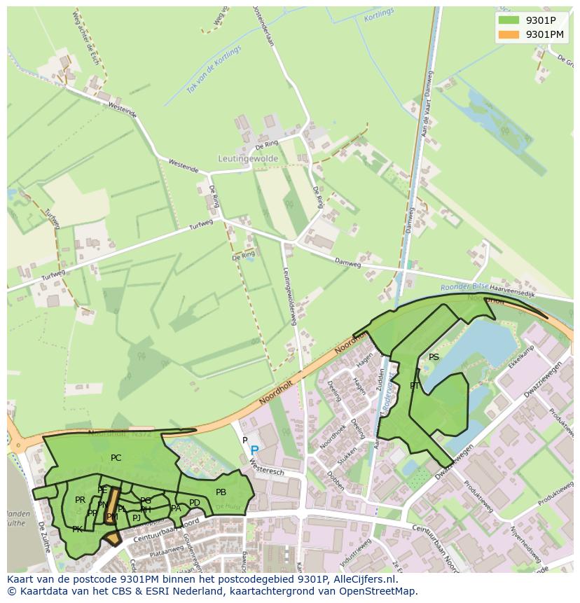 Afbeelding van het postcodegebied 9301 PM op de kaart.