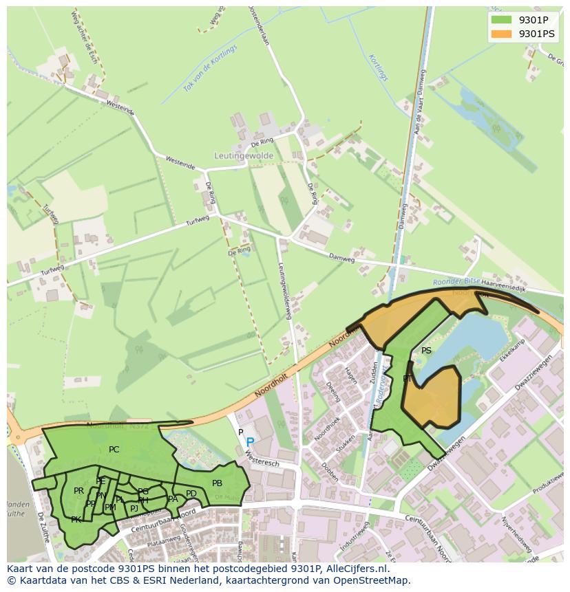 Afbeelding van het postcodegebied 9301 PS op de kaart.