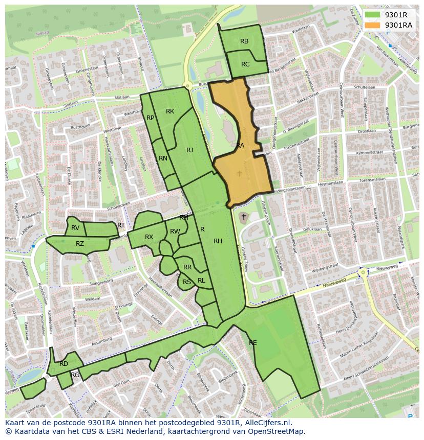 Afbeelding van het postcodegebied 9301 RA op de kaart.
