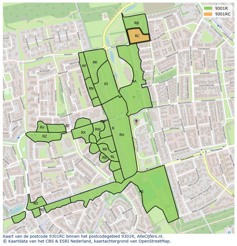 Afbeelding van het postcodegebied 9301 RC op de kaart.