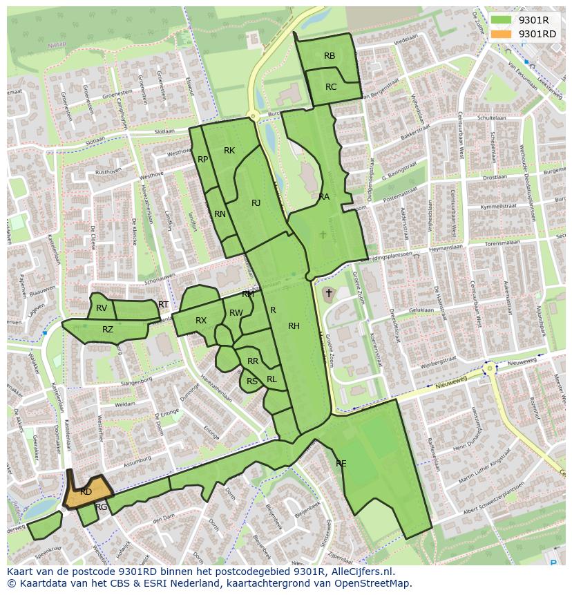 Afbeelding van het postcodegebied 9301 RD op de kaart.
