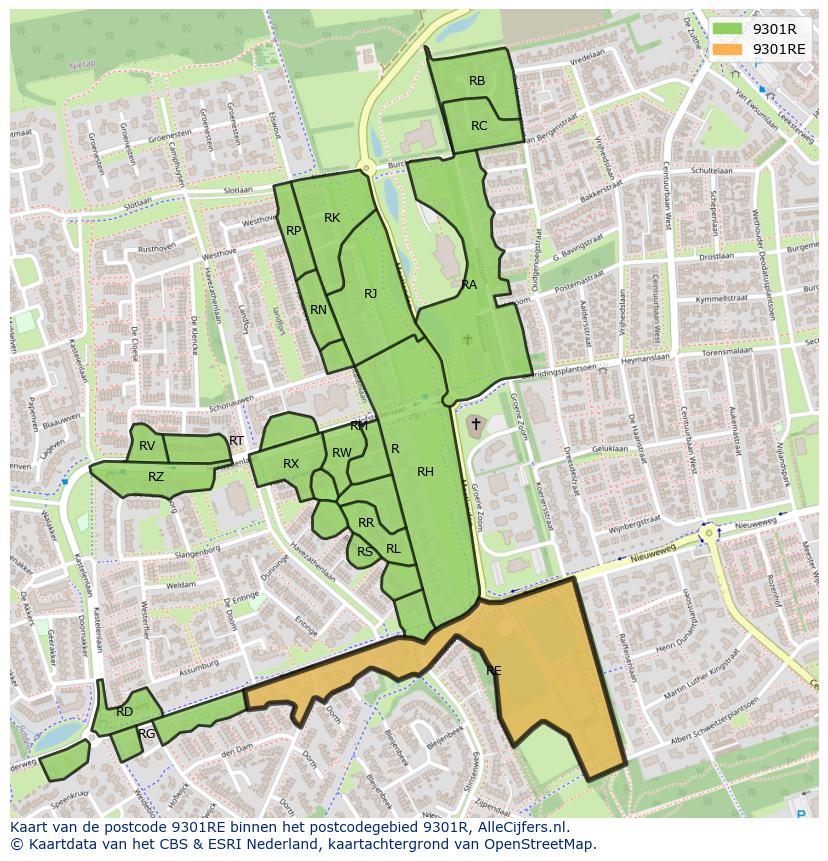 Afbeelding van het postcodegebied 9301 RE op de kaart.