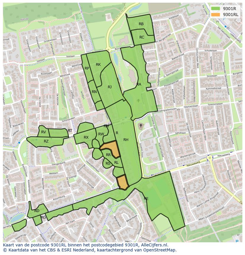 Afbeelding van het postcodegebied 9301 RL op de kaart.