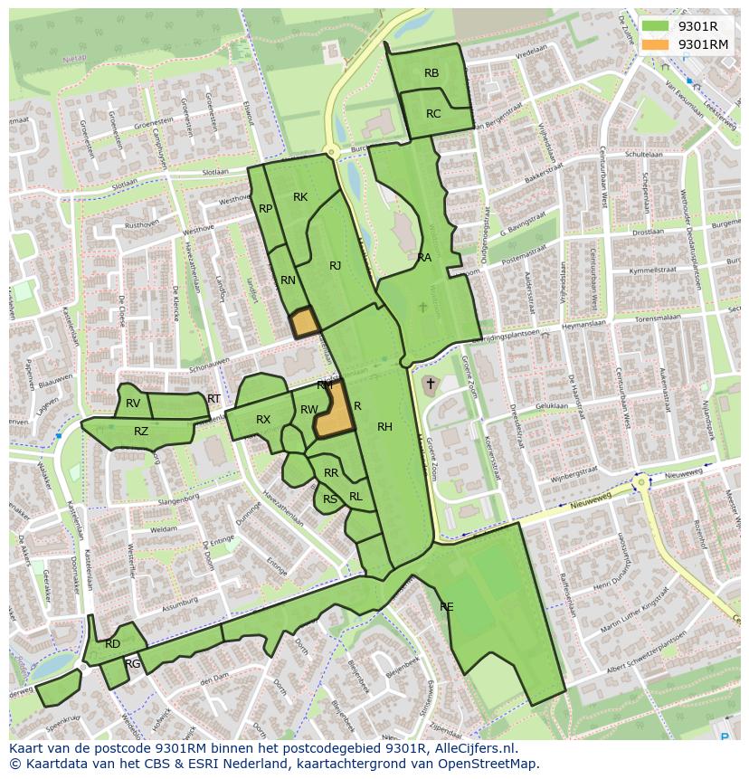 Afbeelding van het postcodegebied 9301 RM op de kaart.