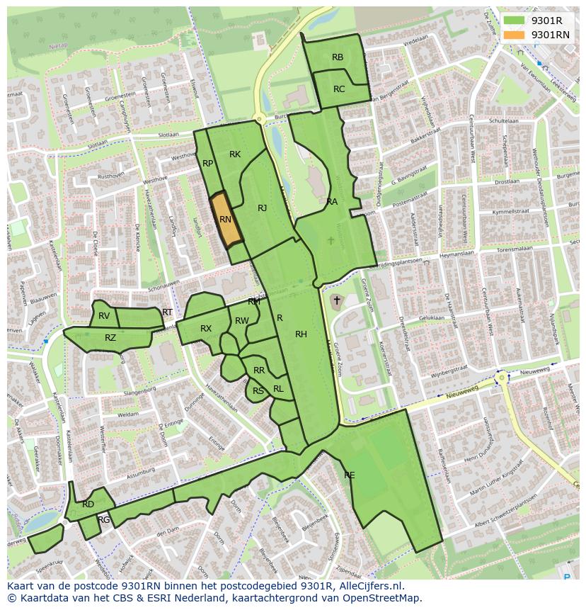 Afbeelding van het postcodegebied 9301 RN op de kaart.