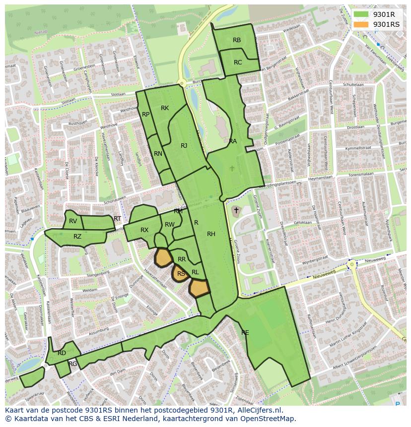 Afbeelding van het postcodegebied 9301 RS op de kaart.