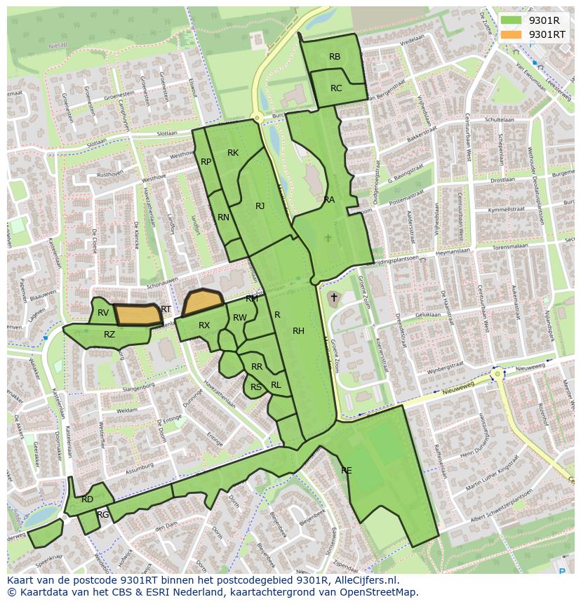 Afbeelding van het postcodegebied 9301 RT op de kaart.