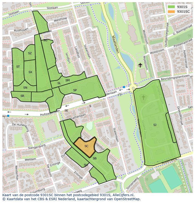 Afbeelding van het postcodegebied 9301 SC op de kaart.