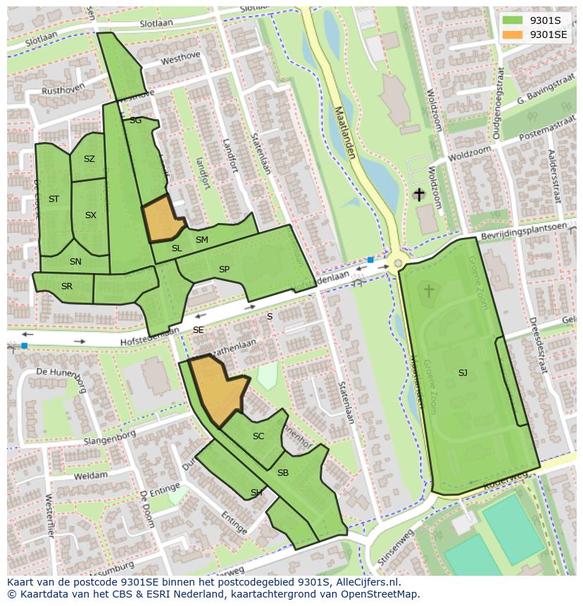 Afbeelding van het postcodegebied 9301 SE op de kaart.