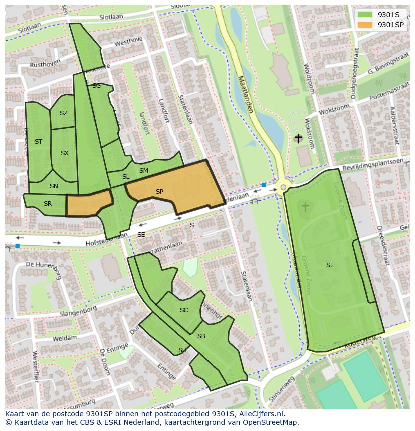 Afbeelding van het postcodegebied 9301 SP op de kaart.