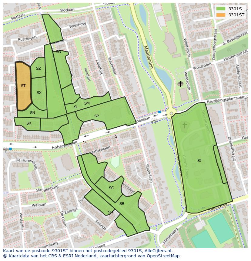 Afbeelding van het postcodegebied 9301 ST op de kaart.