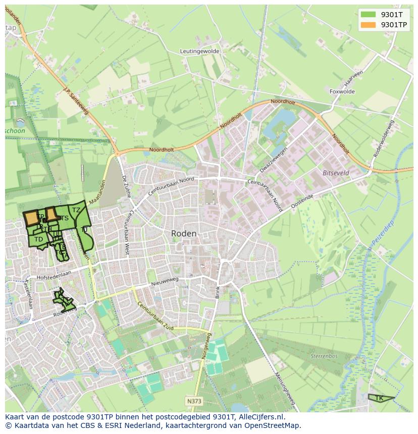 Afbeelding van het postcodegebied 9301 TP op de kaart.