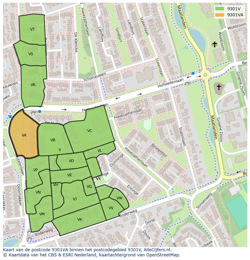 Afbeelding van het postcodegebied 9301 VA op de kaart.