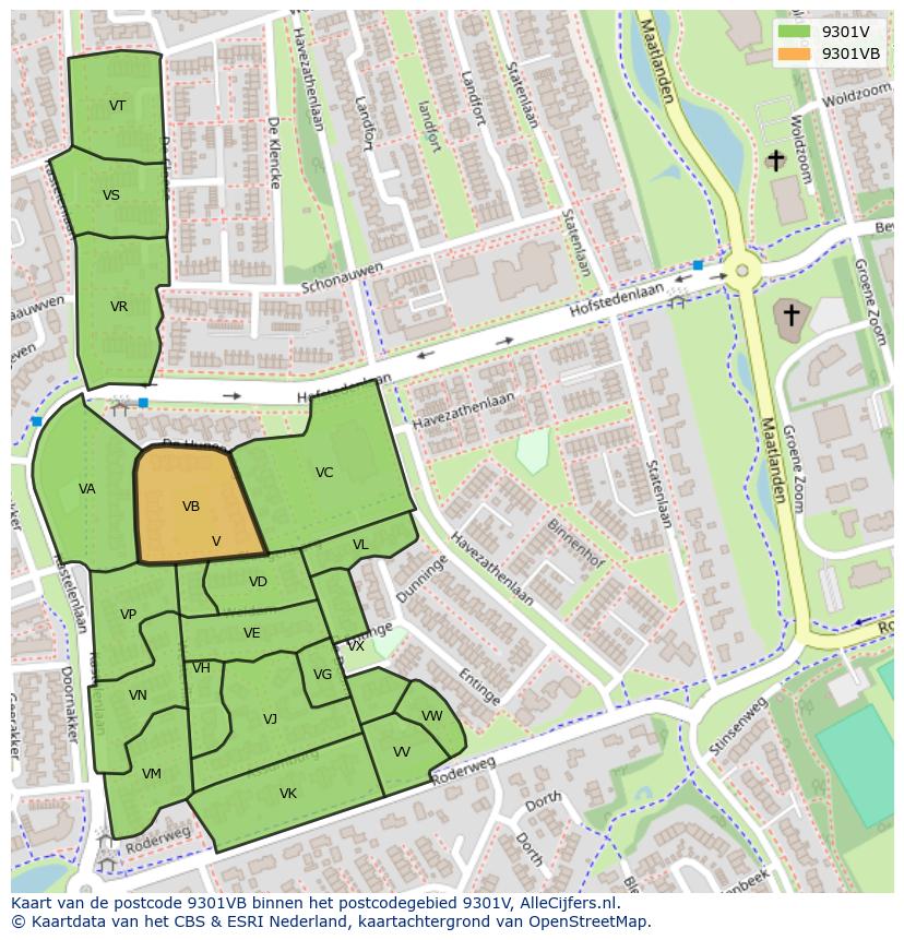 Afbeelding van het postcodegebied 9301 VB op de kaart.