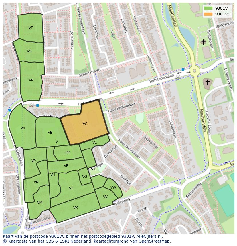 Afbeelding van het postcodegebied 9301 VC op de kaart.
