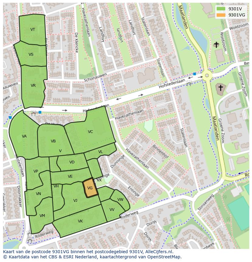 Afbeelding van het postcodegebied 9301 VG op de kaart.
