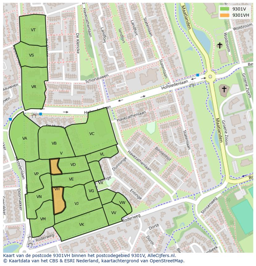 Afbeelding van het postcodegebied 9301 VH op de kaart.