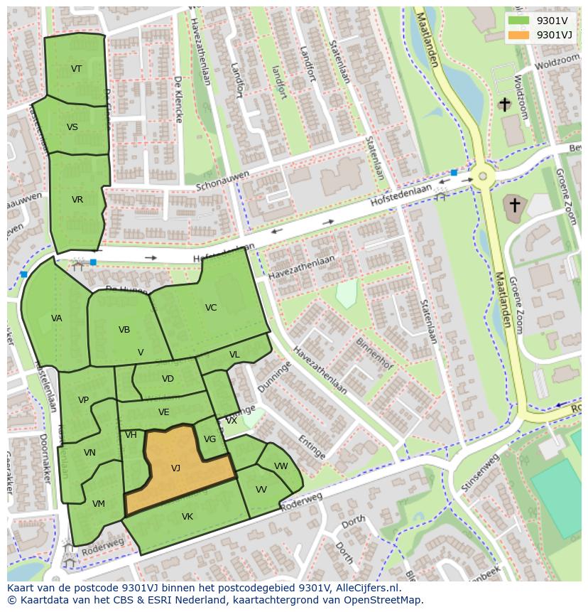 Afbeelding van het postcodegebied 9301 VJ op de kaart.
