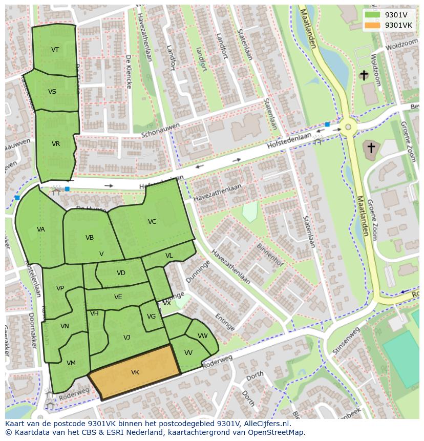 Afbeelding van het postcodegebied 9301 VK op de kaart.