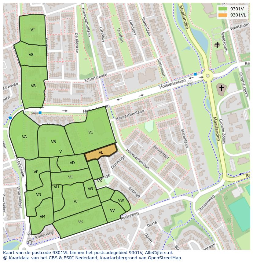 Afbeelding van het postcodegebied 9301 VL op de kaart.