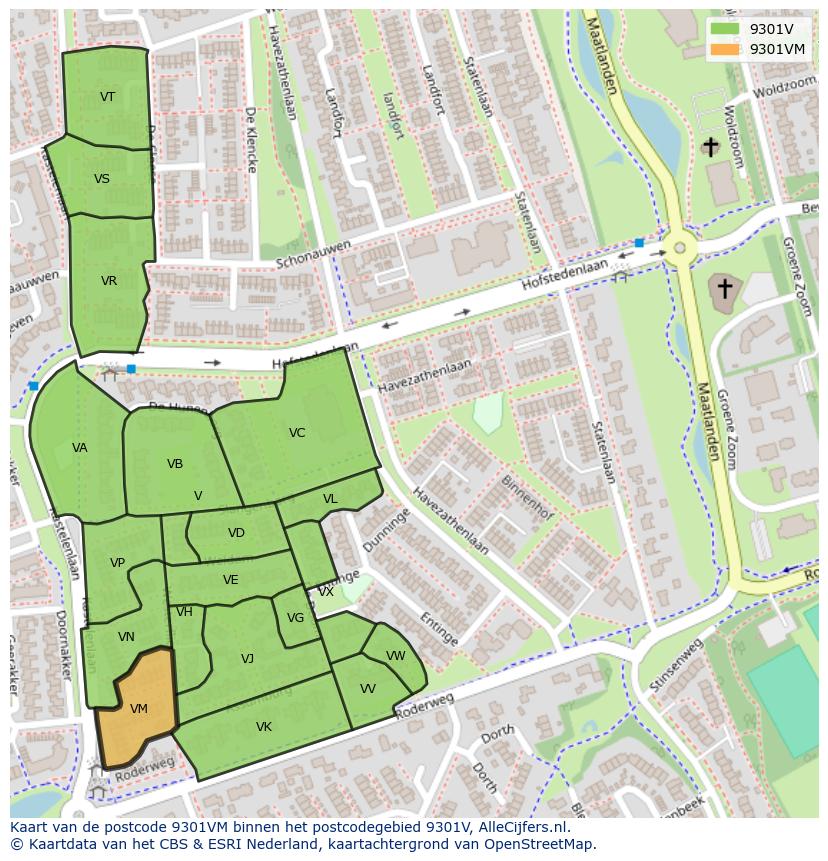 Afbeelding van het postcodegebied 9301 VM op de kaart.