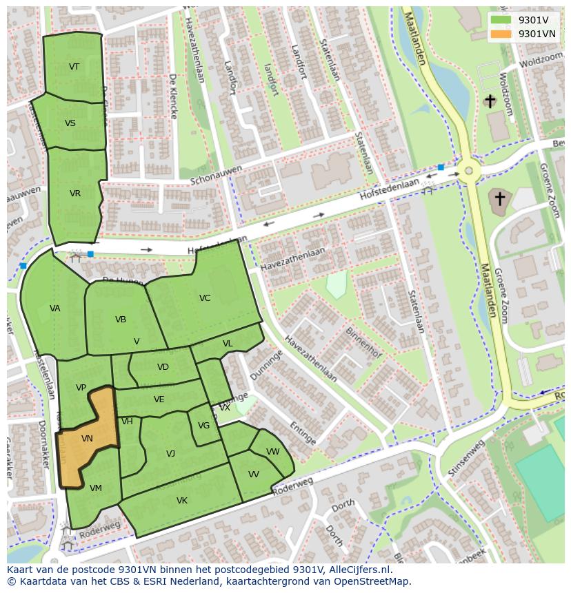 Afbeelding van het postcodegebied 9301 VN op de kaart.