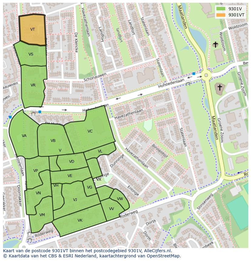 Afbeelding van het postcodegebied 9301 VT op de kaart.