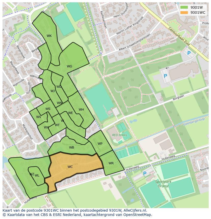 Afbeelding van het postcodegebied 9301 WC op de kaart.