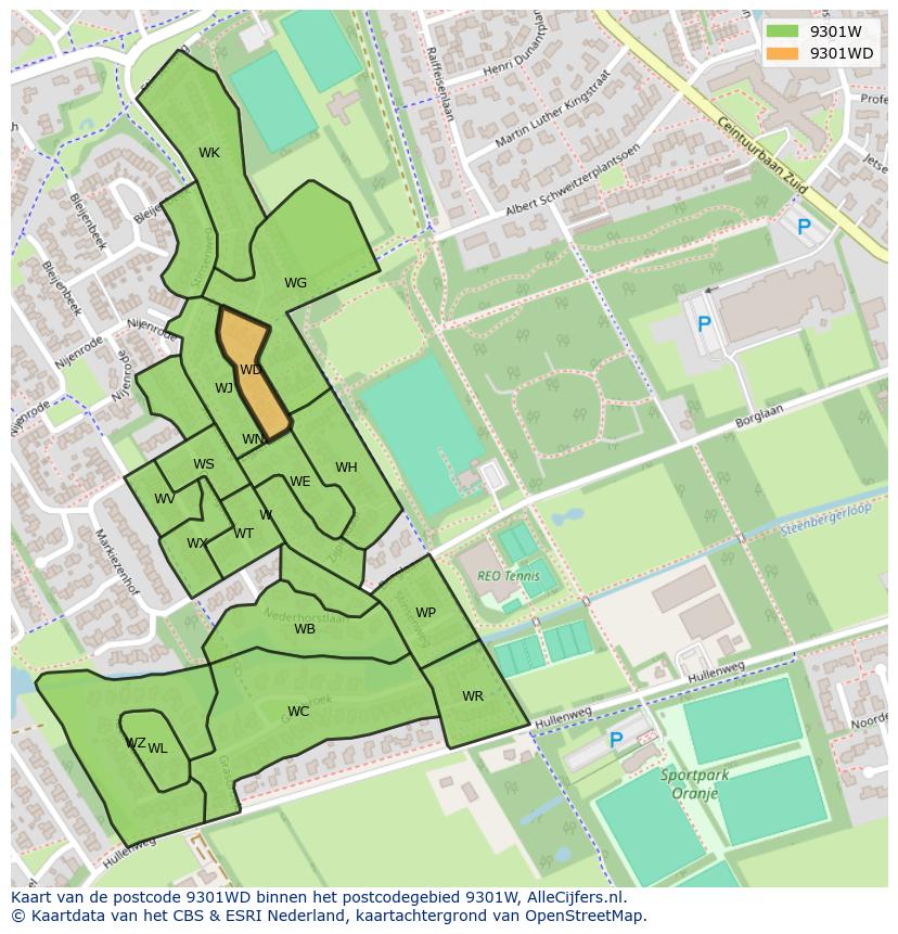 Afbeelding van het postcodegebied 9301 WD op de kaart.