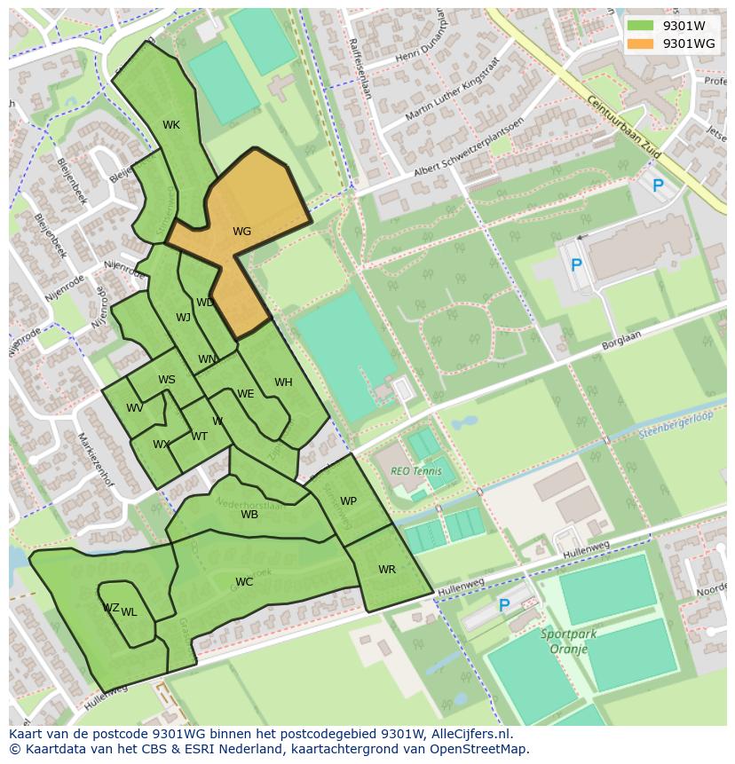 Afbeelding van het postcodegebied 9301 WG op de kaart.