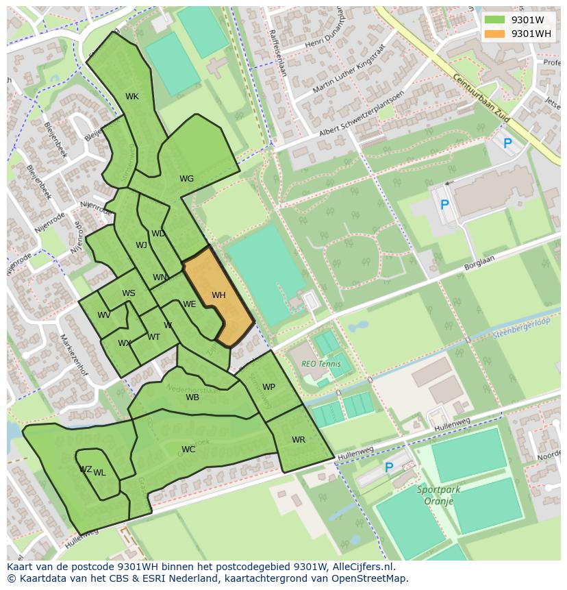 Afbeelding van het postcodegebied 9301 WH op de kaart.