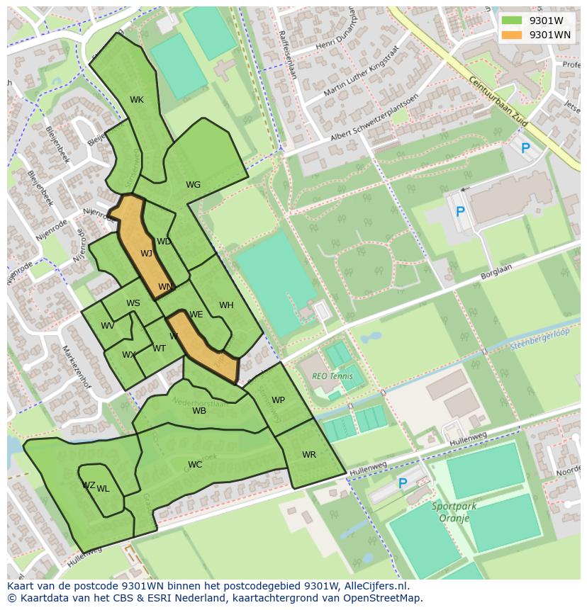 Afbeelding van het postcodegebied 9301 WN op de kaart.