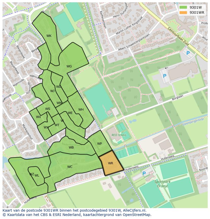 Afbeelding van het postcodegebied 9301 WR op de kaart.