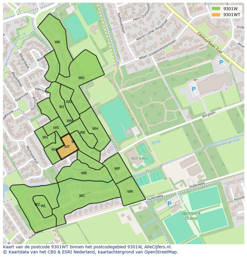 Afbeelding van het postcodegebied 9301 WT op de kaart.