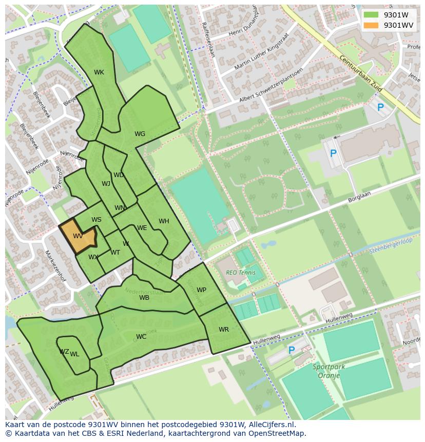 Afbeelding van het postcodegebied 9301 WV op de kaart.