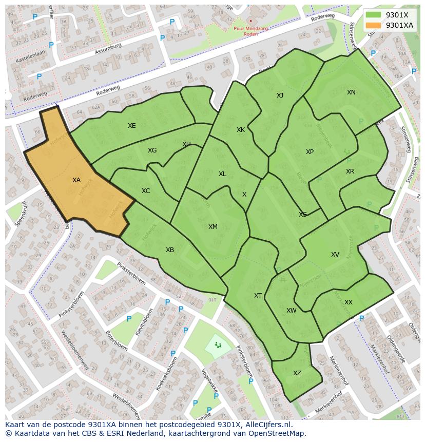 Afbeelding van het postcodegebied 9301 XA op de kaart.