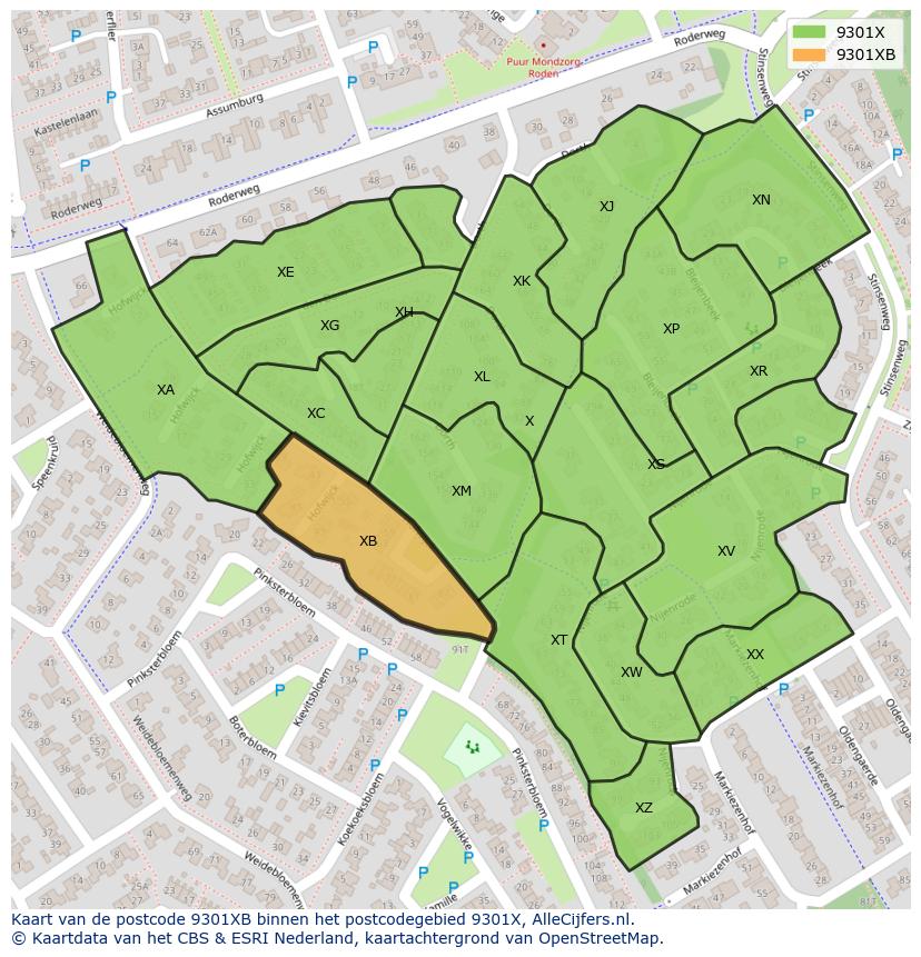 Afbeelding van het postcodegebied 9301 XB op de kaart.