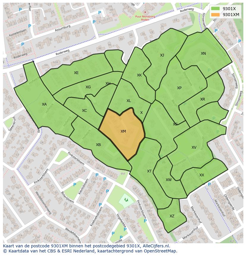 Afbeelding van het postcodegebied 9301 XM op de kaart.