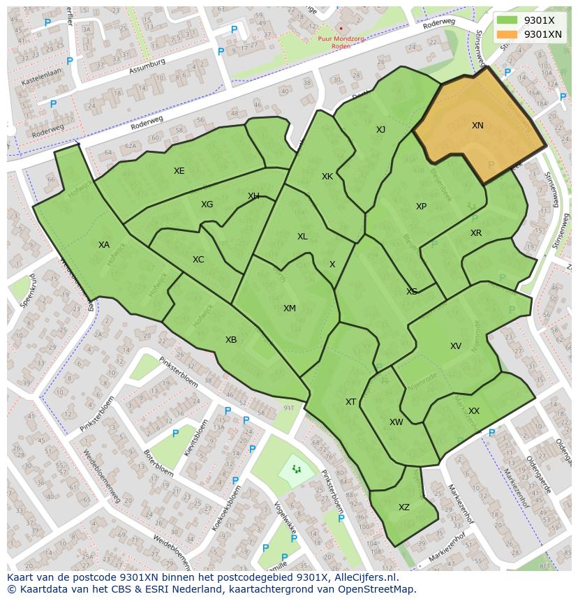 Afbeelding van het postcodegebied 9301 XN op de kaart.