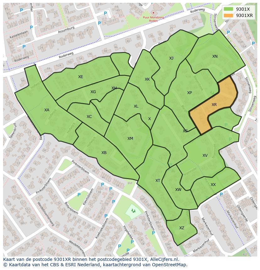 Afbeelding van het postcodegebied 9301 XR op de kaart.