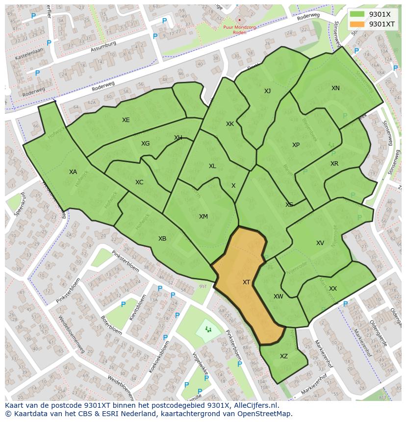 Afbeelding van het postcodegebied 9301 XT op de kaart.