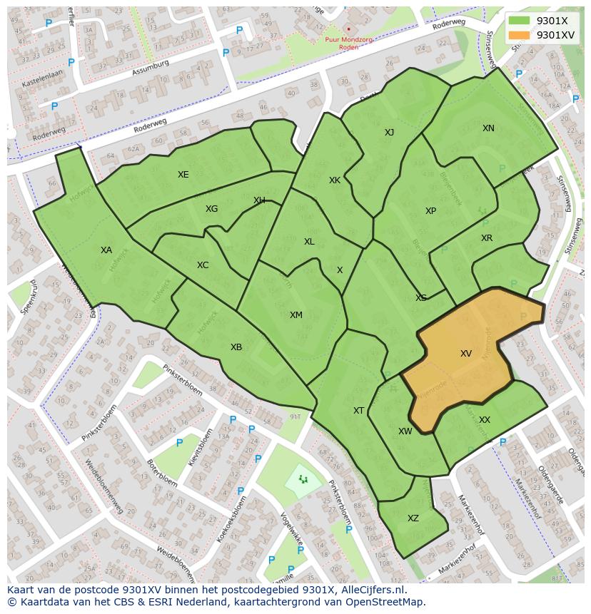 Afbeelding van het postcodegebied 9301 XV op de kaart.