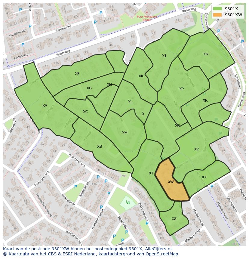 Afbeelding van het postcodegebied 9301 XW op de kaart.