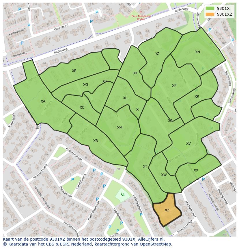 Afbeelding van het postcodegebied 9301 XZ op de kaart.